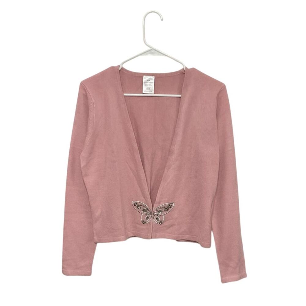 Pink Butterfly Cardigan Womens Size Medium Beaded Clasp Front Soft Girl Coquette